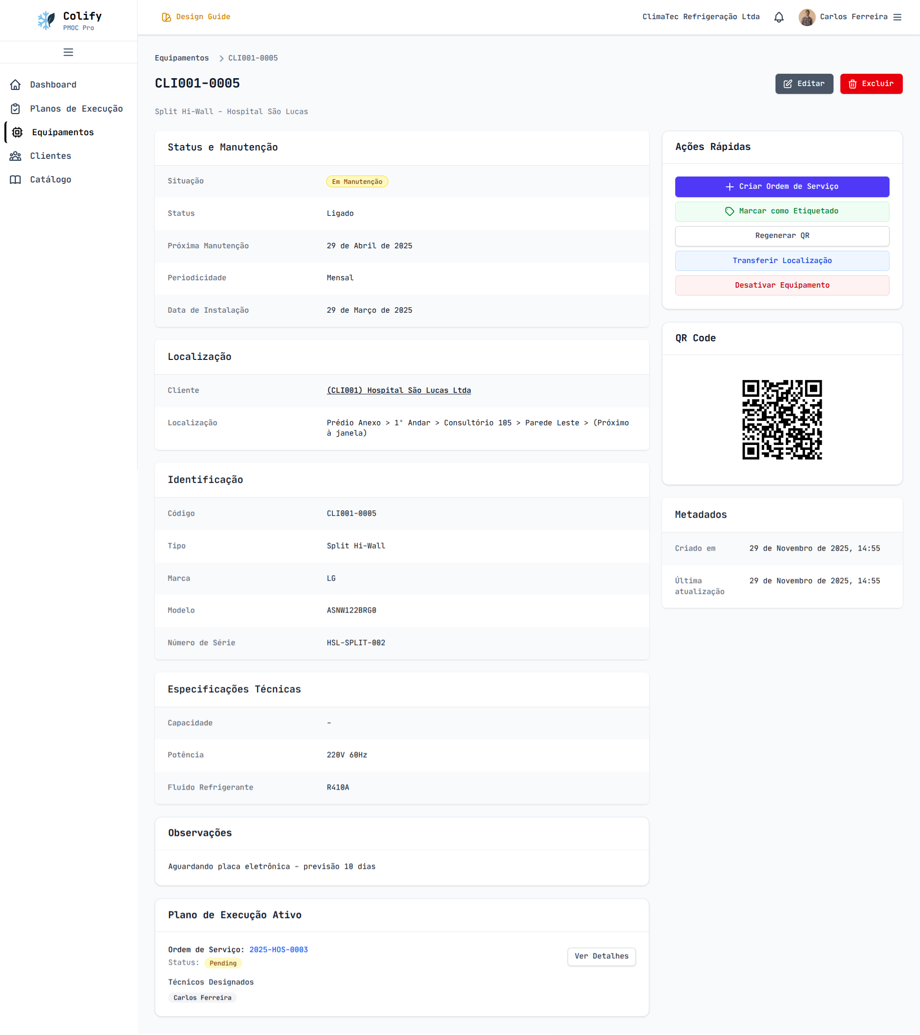 Histórico do Equipamento